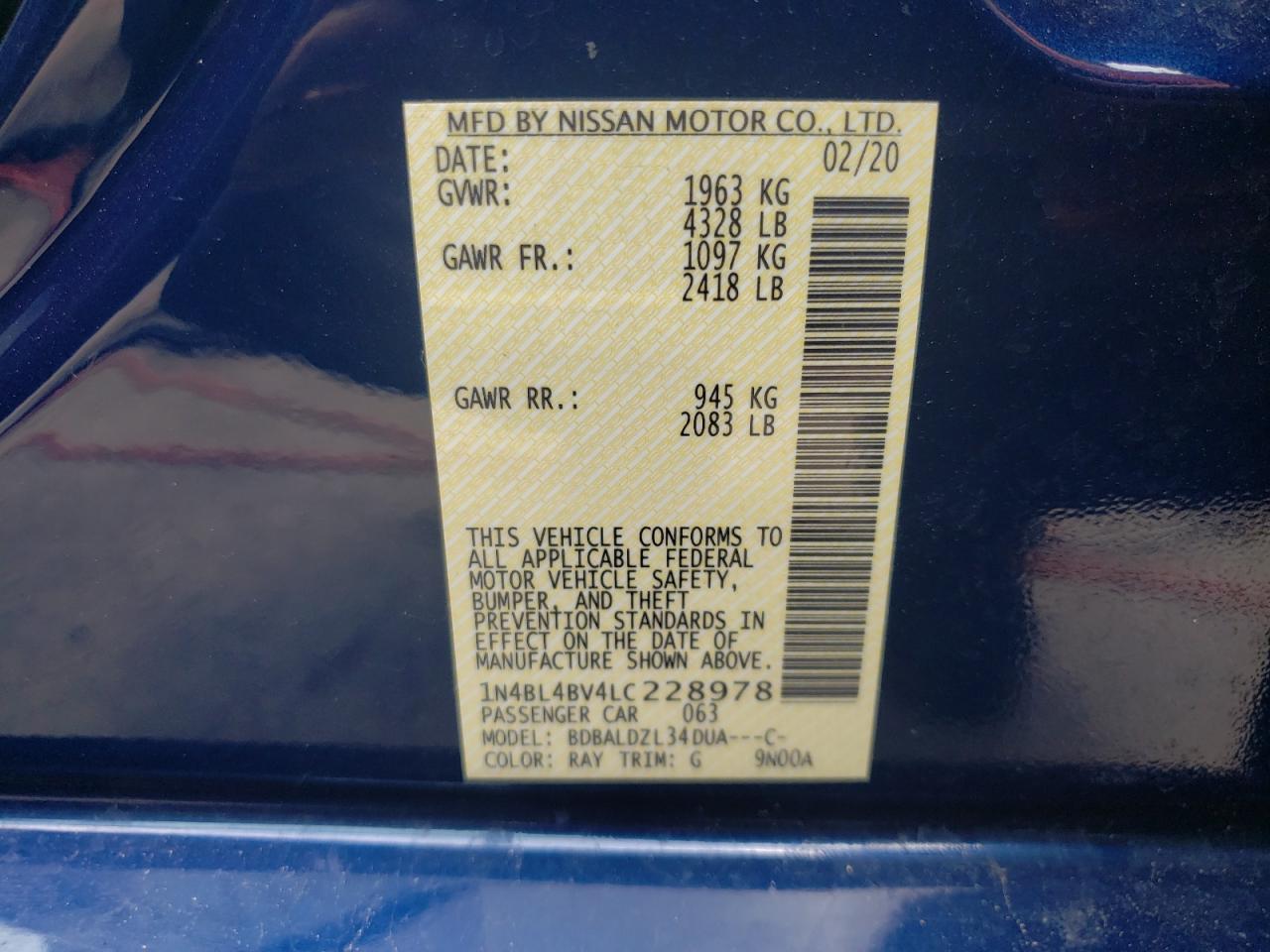 Photo 10 from auction – 2020 NISSAN ALTIMA S with VIN 1N4BL4BV4LC228978