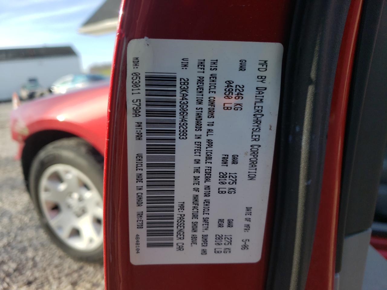 Photo 10 from auction – 2006 DODGE CHARGER SE with VIN 2B3KA43G06H492993