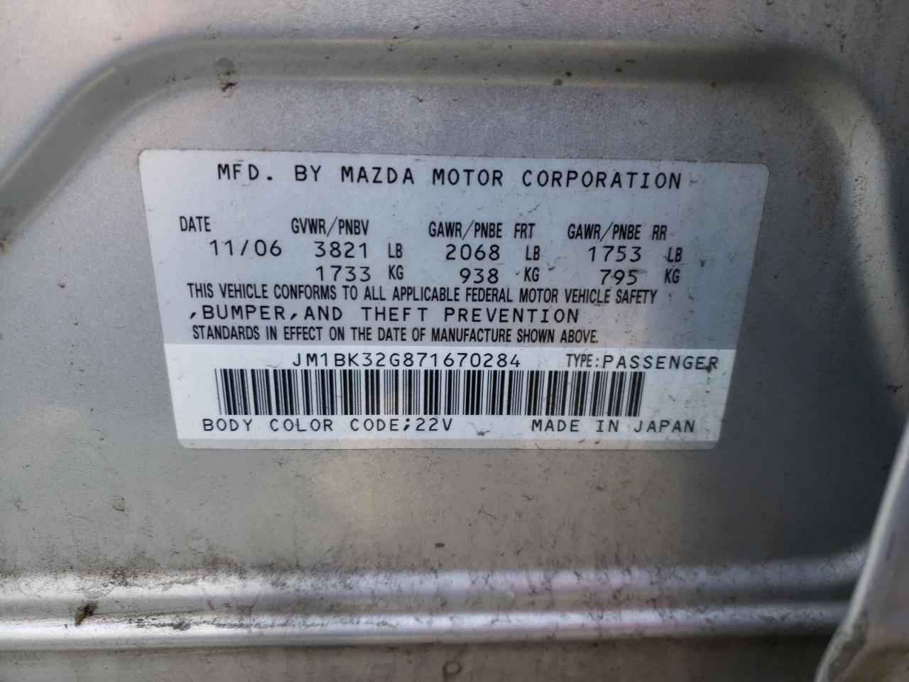 Photo 10 from auction – 2007 MAZDA 3 I with VIN JM1BK32G871670284