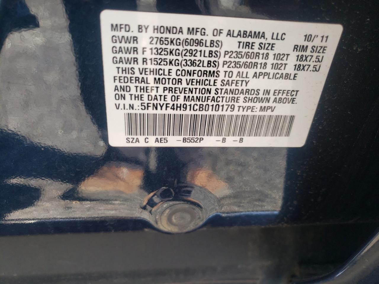 Photo 10 from auction – 2012 HONDA PILOT TOUR with VIN 5FNYF4H91CB010179