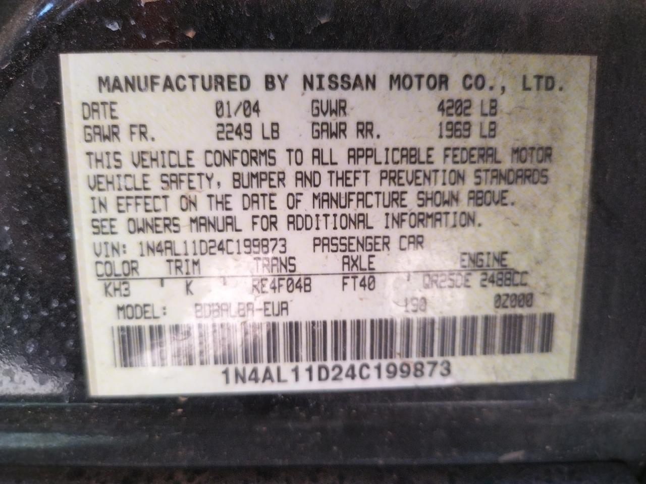 Photo 10 from auction – 2004 NISSAN ALTIMA BAS with VIN 1N4AL11D24C199873