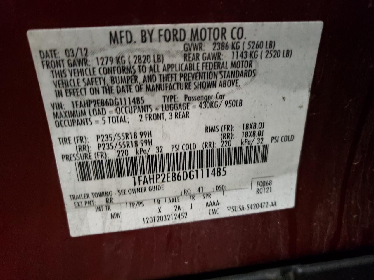 Photo 10 from auction – 2013 FORD TAURUS SEL with VIN 1FAHP2E86DG111485