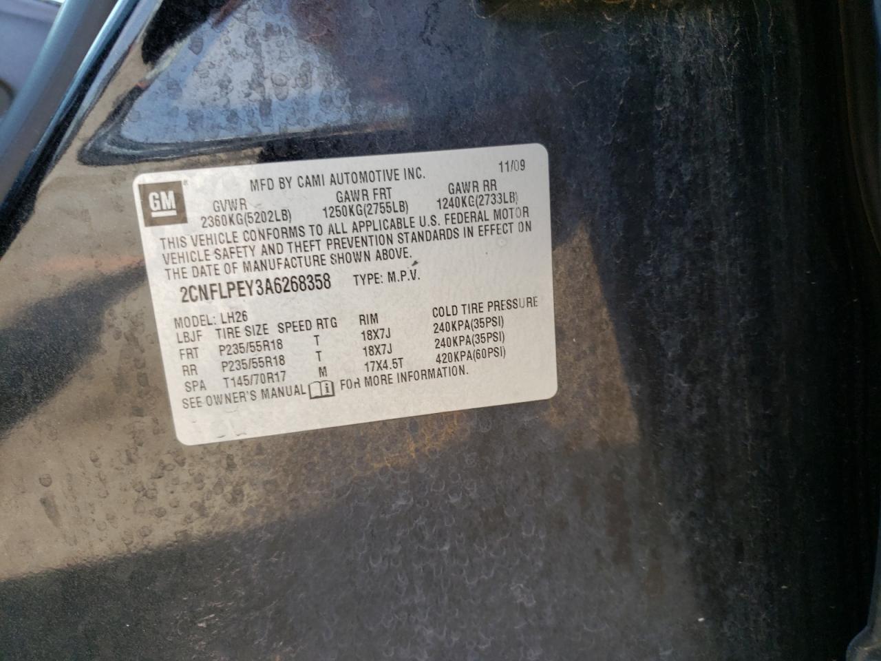 Photo 10 from auction – 2010 CHEVROLET EQUINOX LT with VIN 2CNFLPEY3A6268358