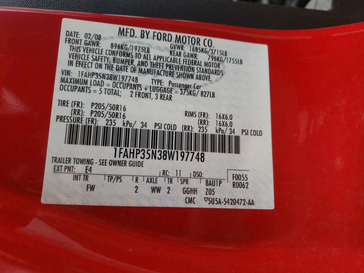 Photo 10 from auction – 2008 FORD FOCUS SE with VIN 1FAHP35N38W197748