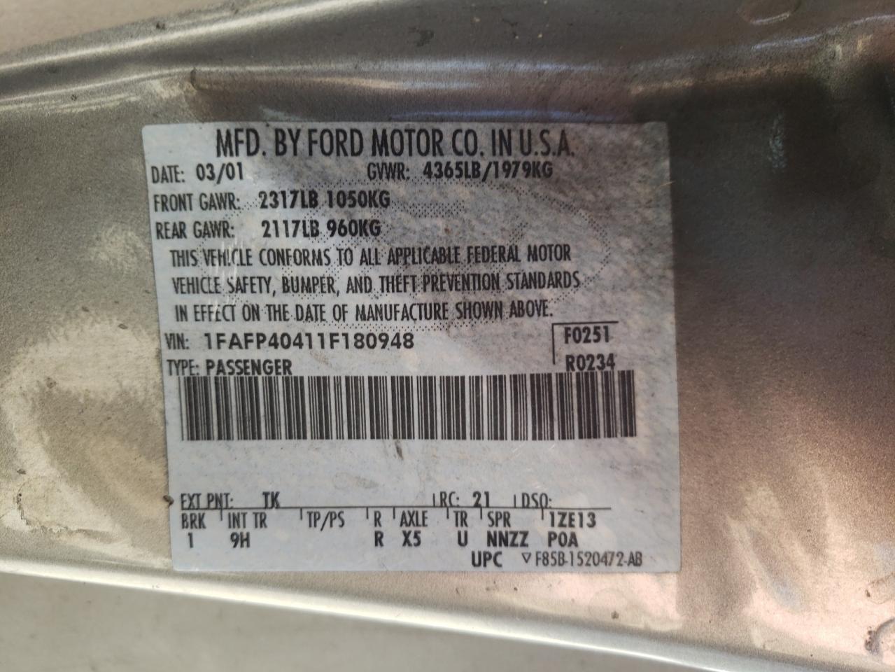 Photo 10 from auction – 2001 FORD MUSTANG with VIN 1FAFP40411F180948