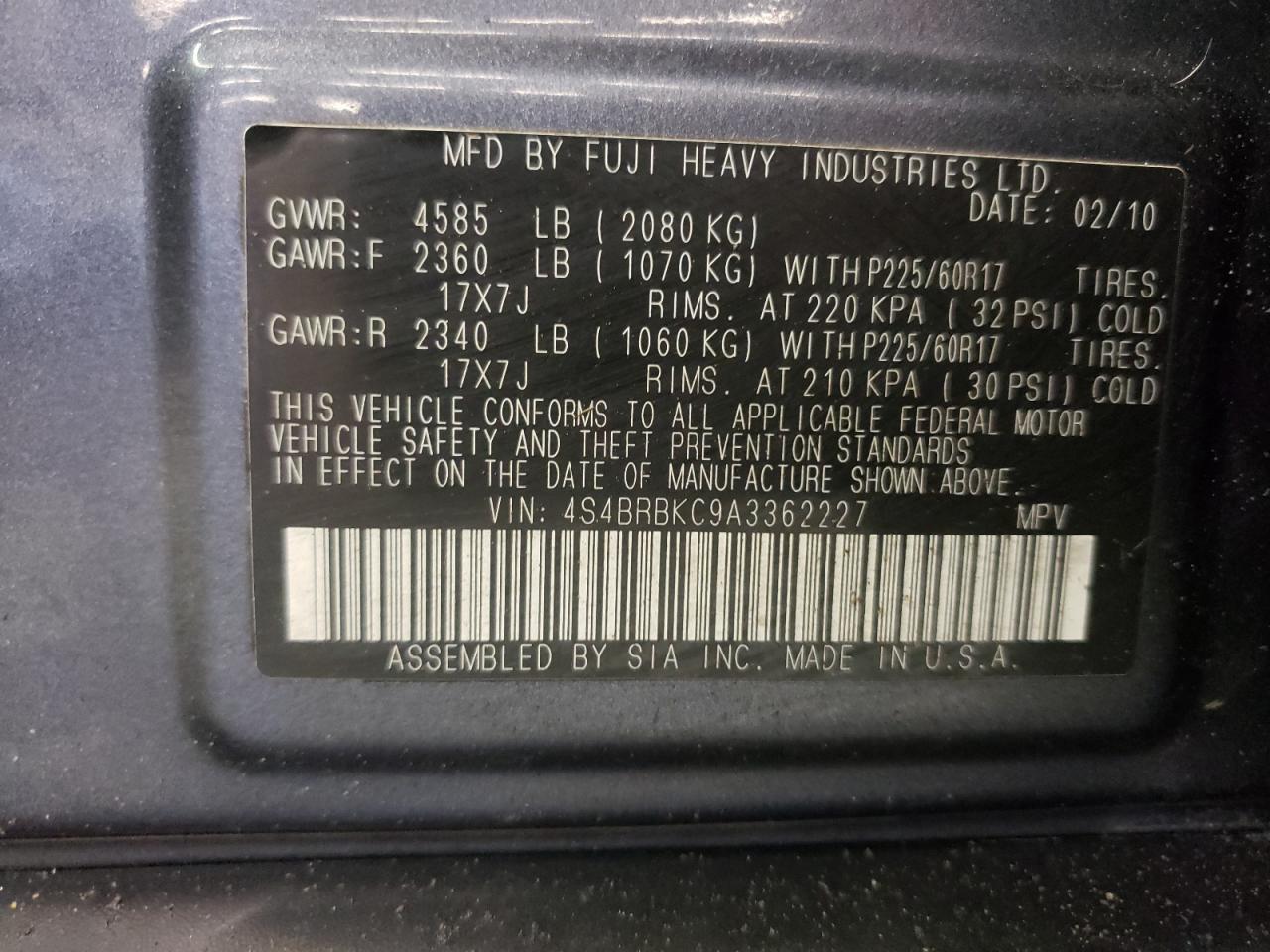Photo 10 from auction – 2010 SUBARU OUTBACK 2. with VIN 4S4BRBKC9A3362227