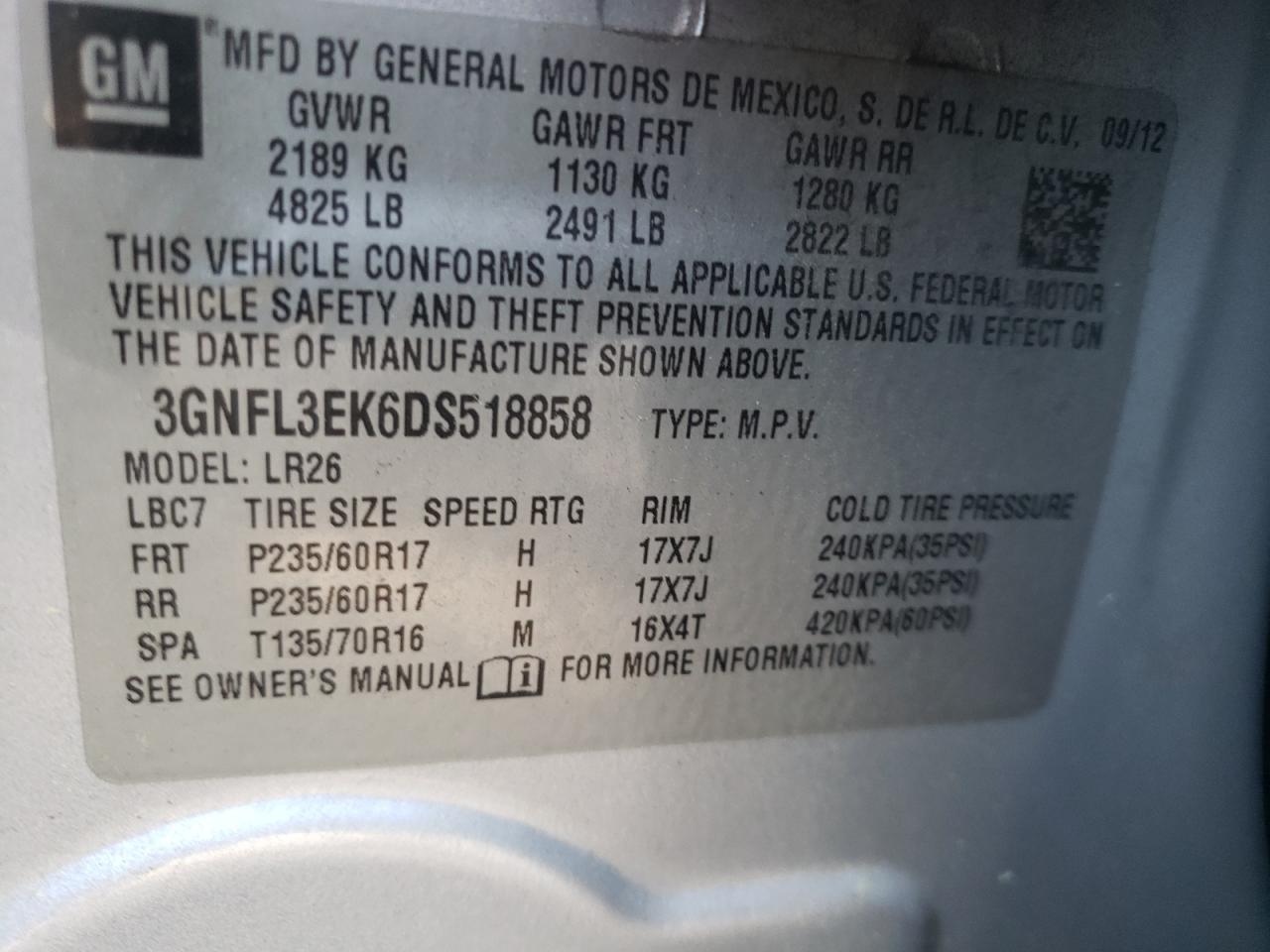 Photo 10 from auction – 2013 CHEVROLET CAPTIVA LT with VIN 3GNFL3EK6DS518858