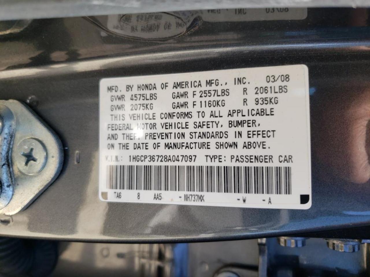 Photo 10 from auction – 2008 HONDA ACCORD EX with VIN 1HGCP36728A047097