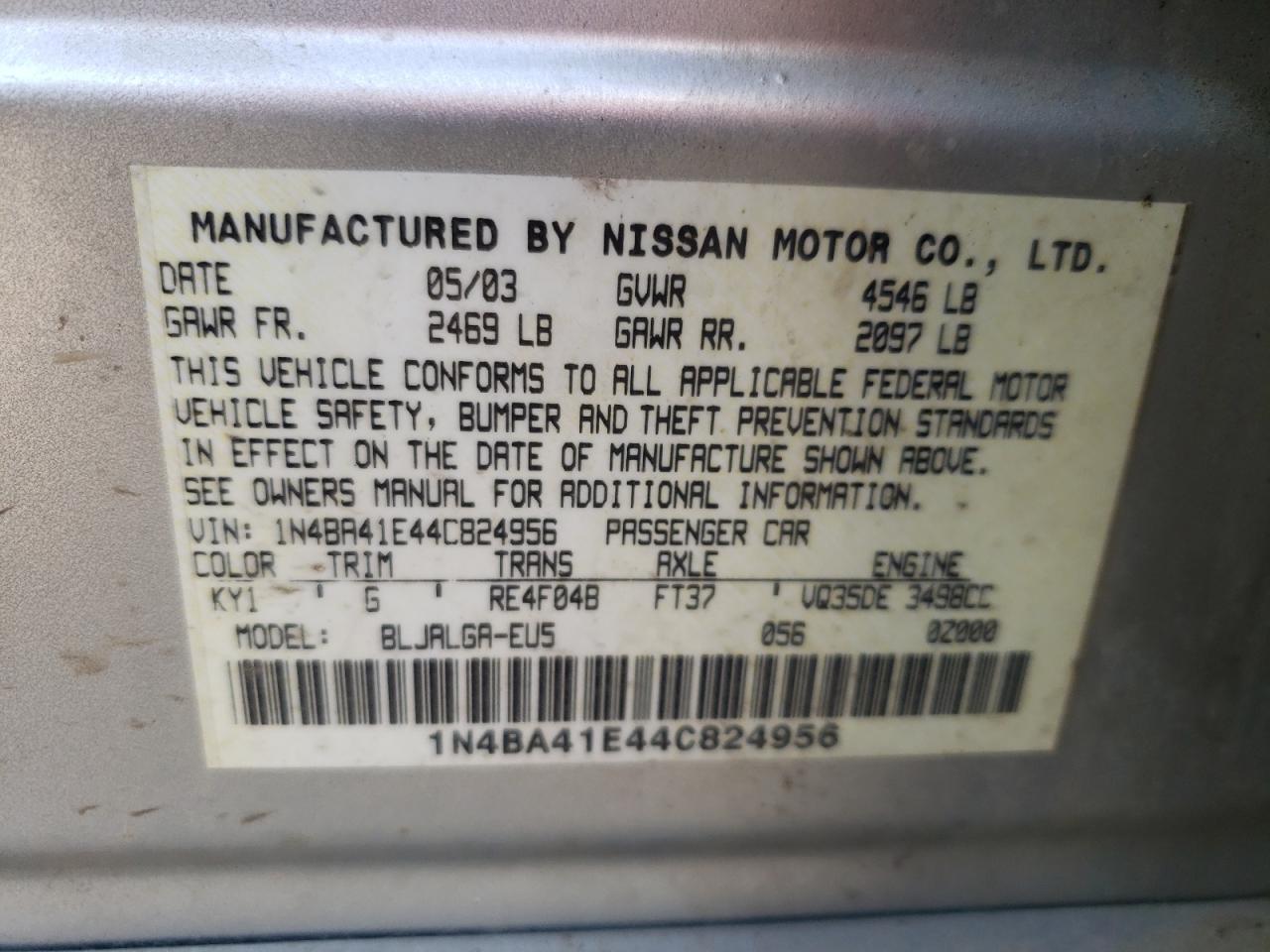Photo 10 from auction – 2004 NISSAN MAXIMA SE with VIN 1N4BA41E44C824956