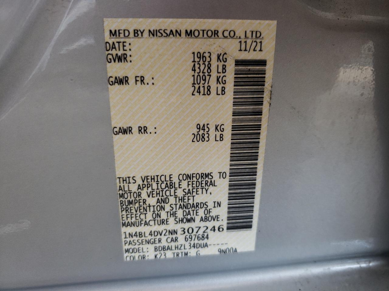 Photo 10 from auction – 2022 NISSAN ALTIMA with VIN 1N4BL4DV2NN307246