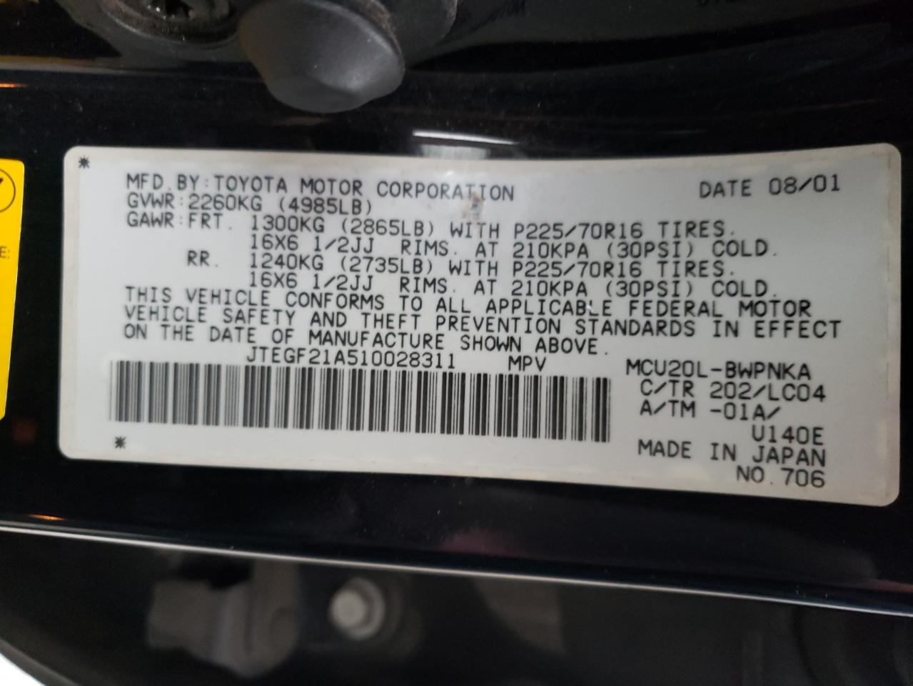 Photo 10 from auction – 2001 TOYOTA HIGHLANDER with VIN JTEGF21A510028311