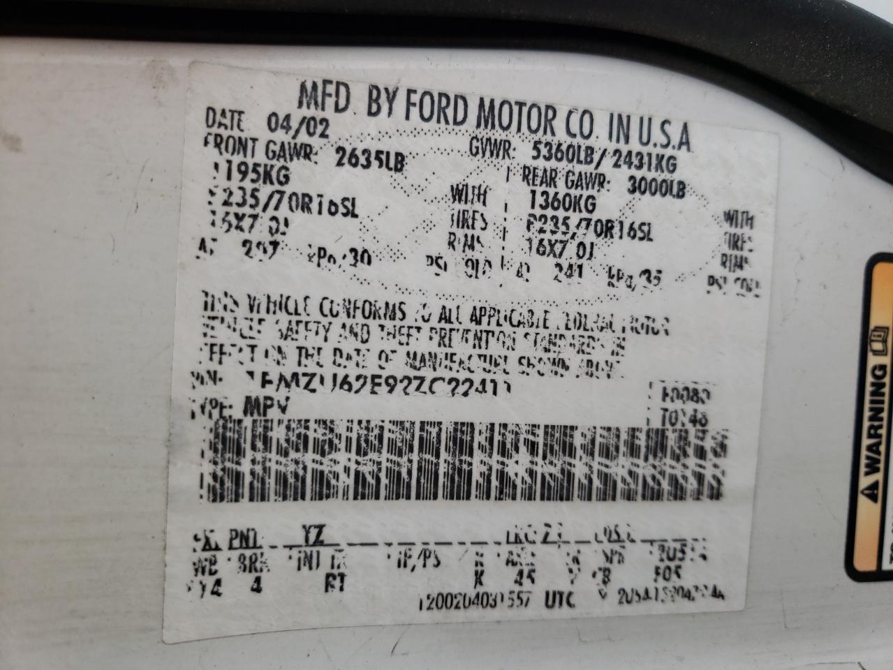 Photo 10 from auction – 2002 FORD EXPLORER X with VIN 1FMZU62E92ZC22411