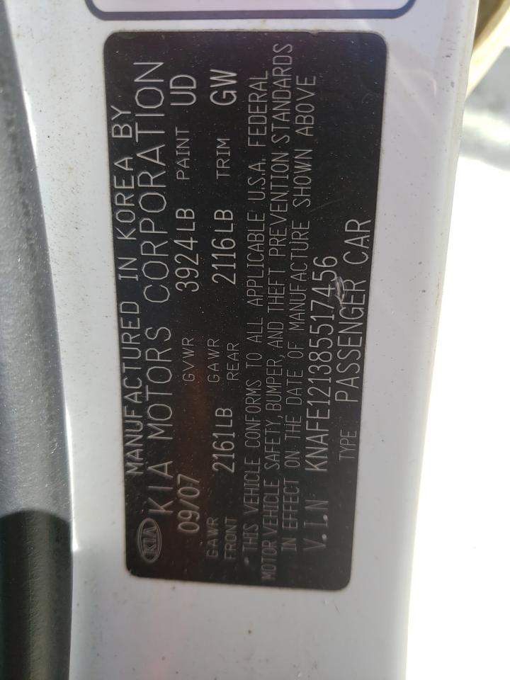 Photo 10 from auction – 2008 KIA SPECTRA EX with VIN KNAFE121385517456