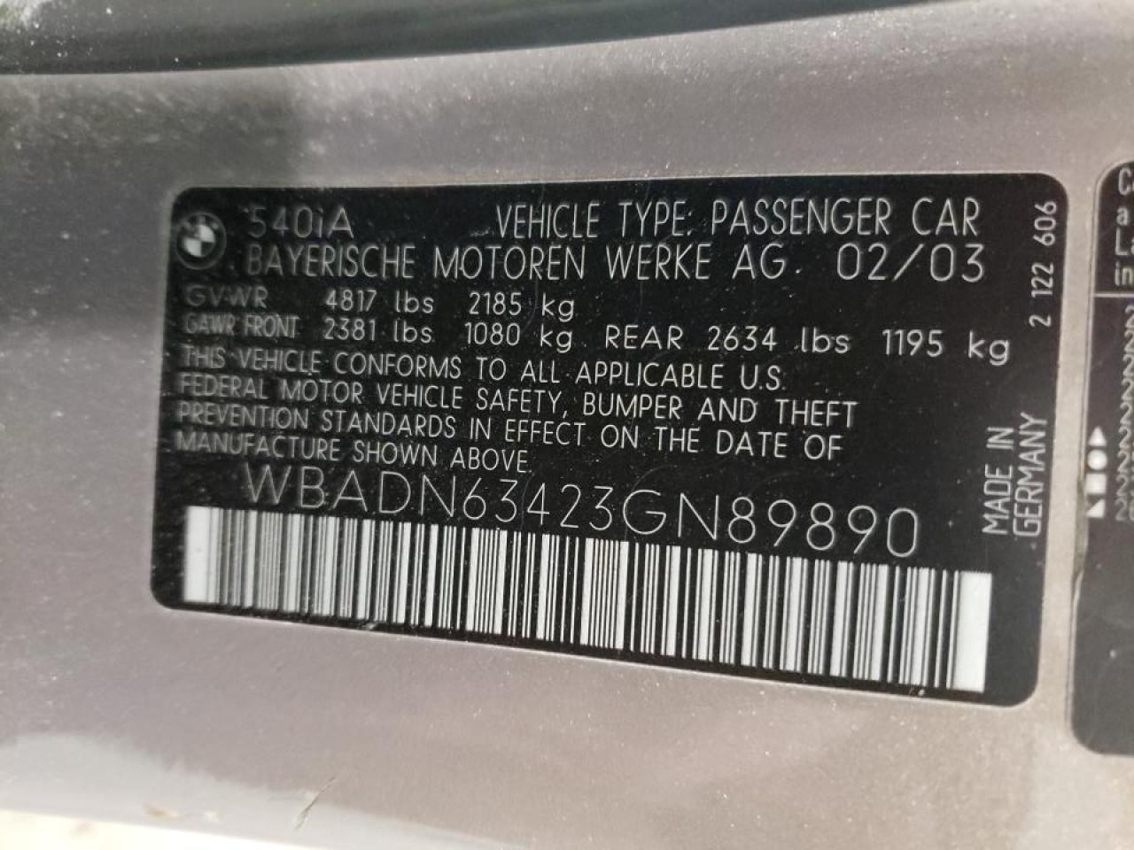 Photo 10 from auction – 2003 BMW 540 I AUTO with VIN WBADN63423GN89890