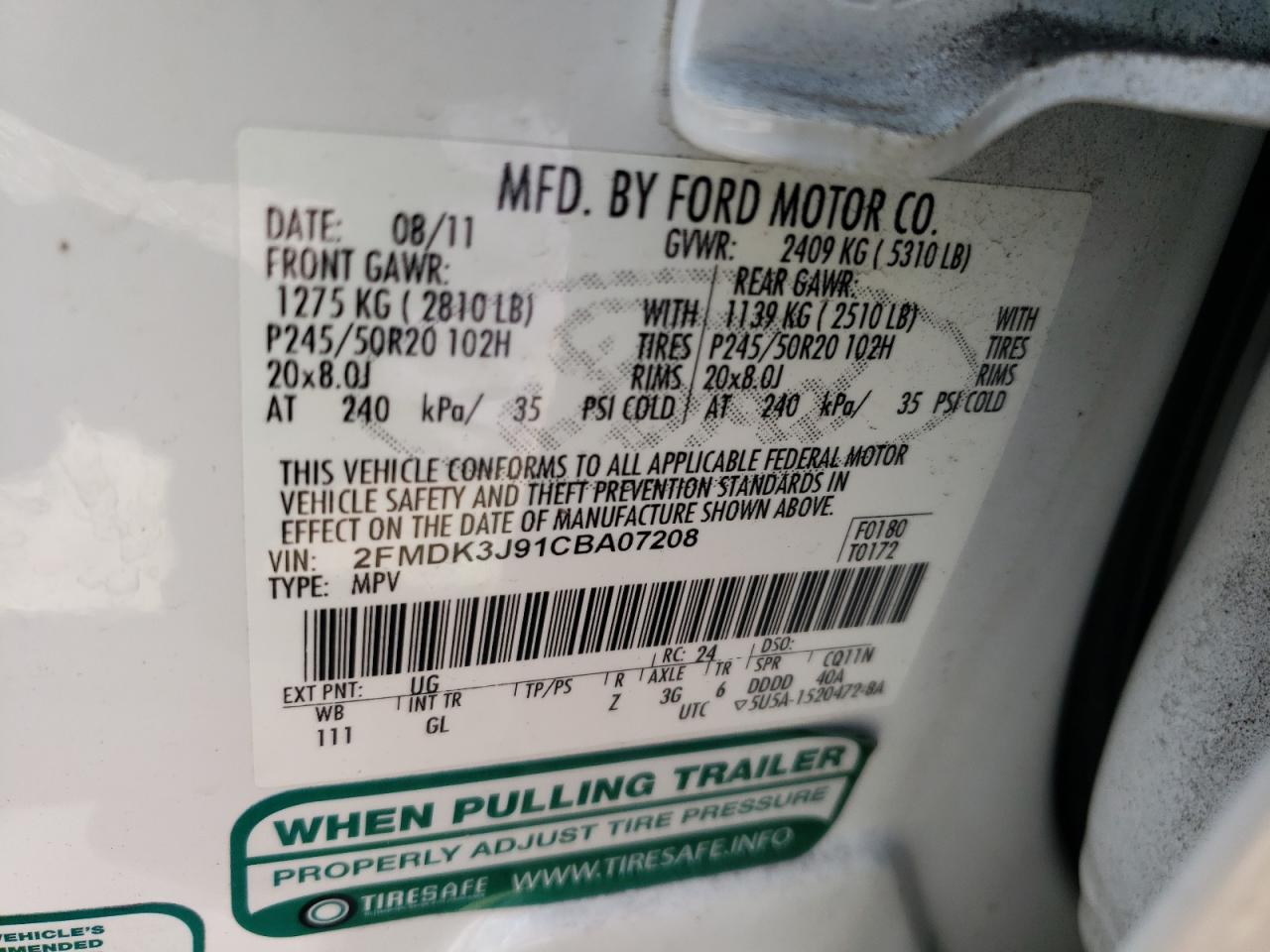 Photo 10 from auction – 2012 FORD EDGE SEL with VIN 2FMDK3J91CBA07208