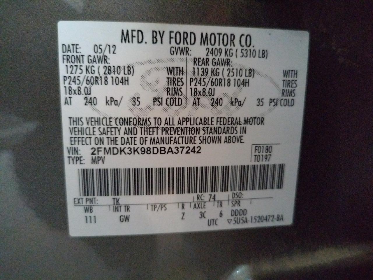 Photo 10 from auction – 2013 FORD EDGE LIMIT with VIN 2FMDK3K98DBA37242