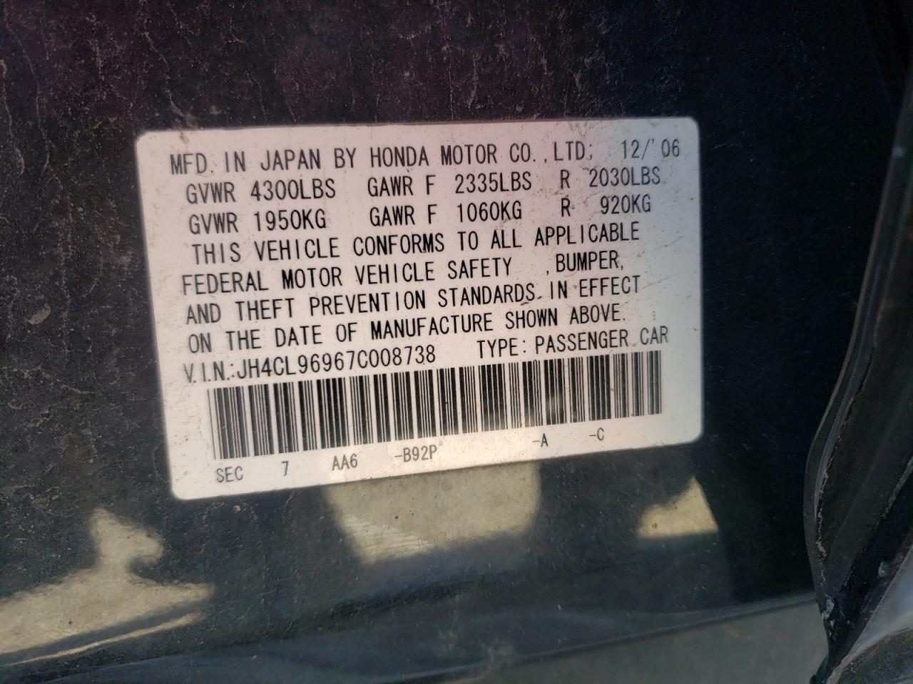 Photo 10 from auction – 2007 ACURA TSX with VIN JH4CL96967C008738