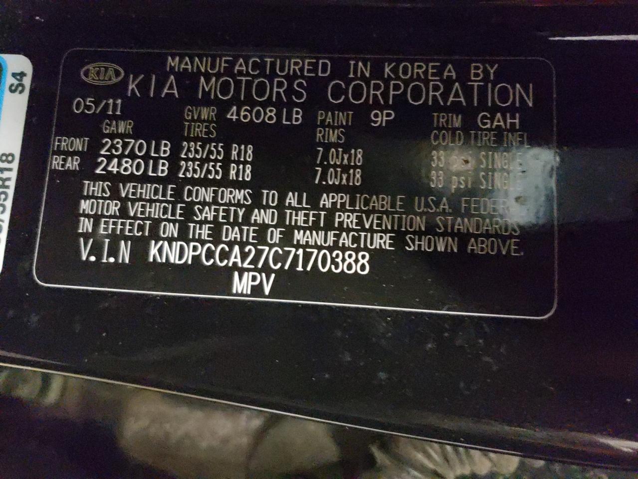 Photo 10 from auction – 2012 KIA SPORTAGE E with VIN KNDPCCA27C7170388