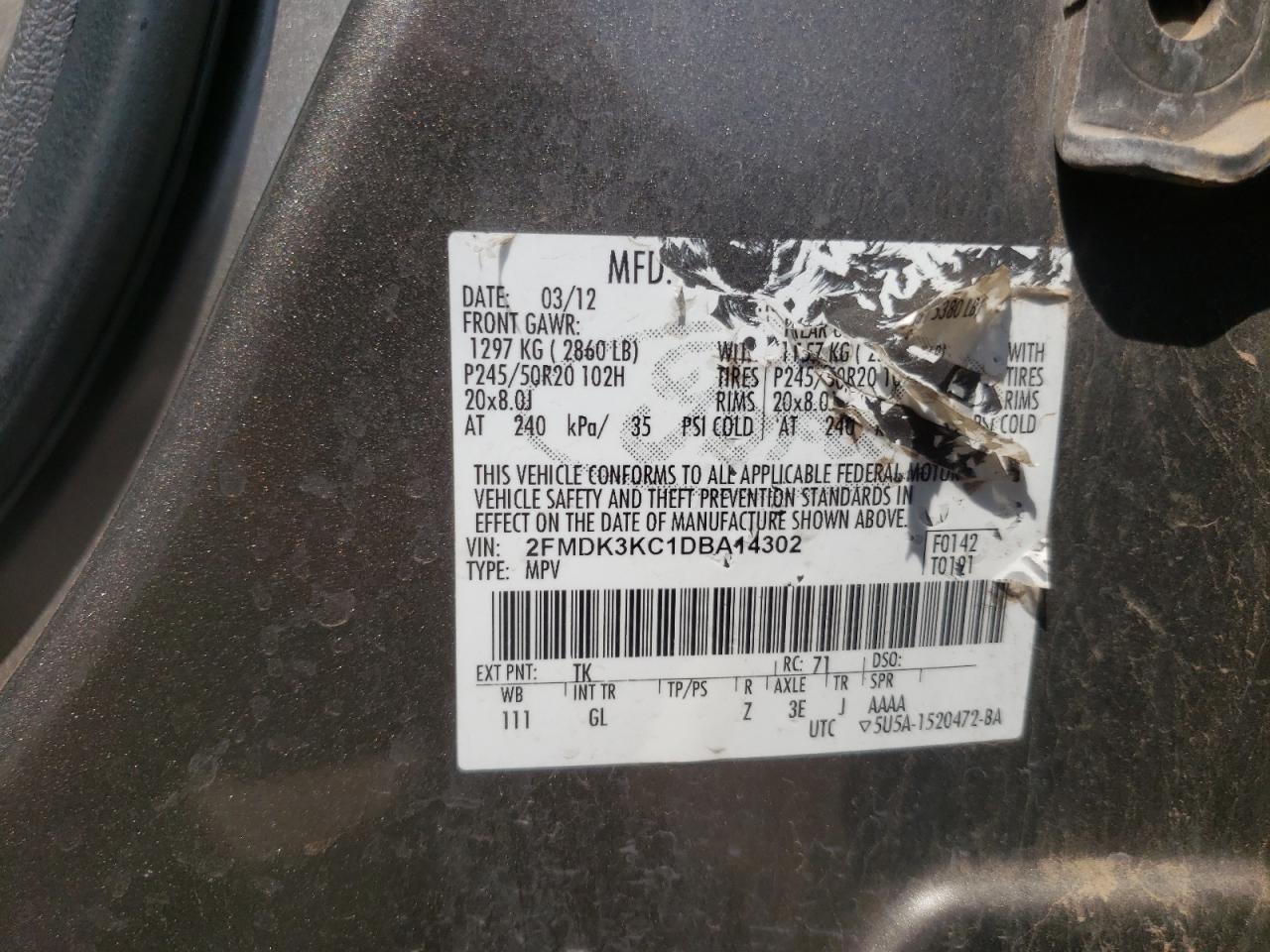 Photo 10 from auction – 2013 FORD EDGE LIMIT with VIN 2FMDK3KC1DBA14302