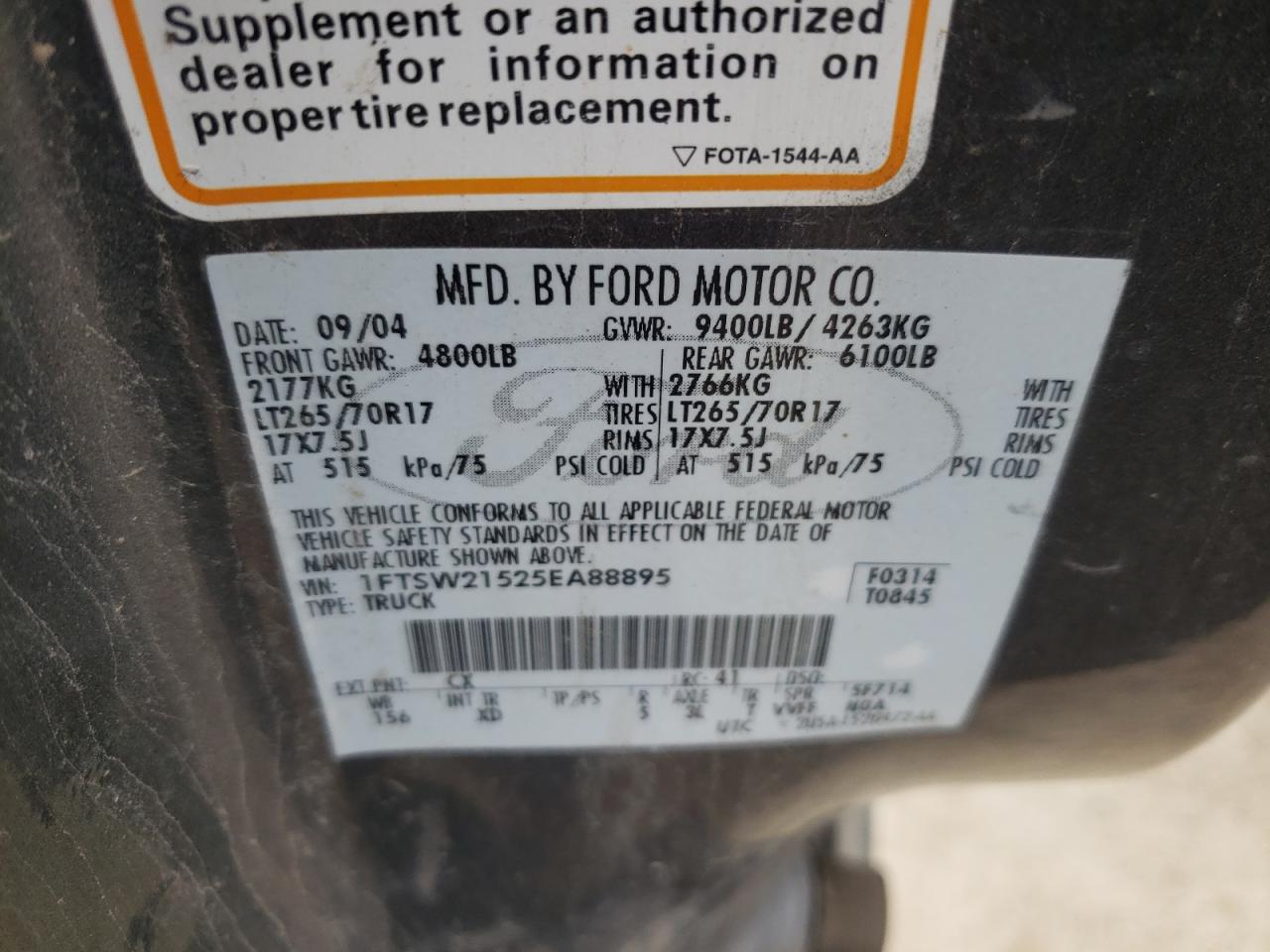 Photo 10 from auction – 2005 FORD F250 SUPER with VIN 1FTSW21525EA88895
