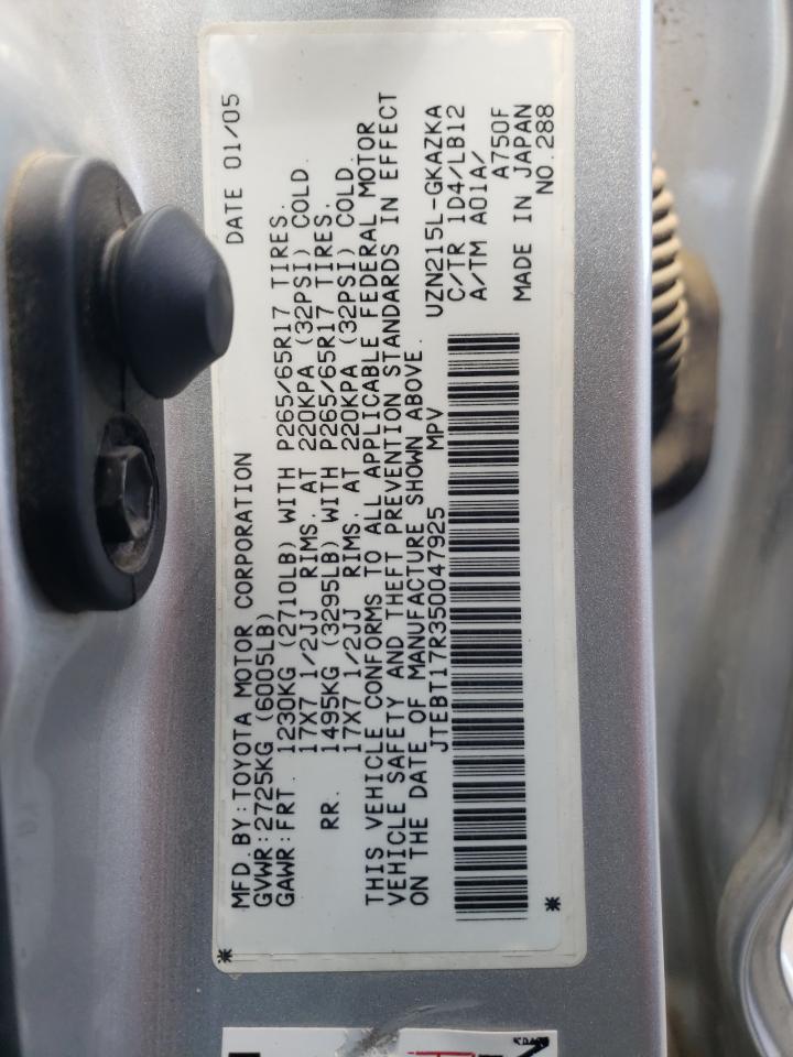 Photo 10 from auction – 2005 TOYOTA 4RUNNER LI with VIN JTEBT17R350047925