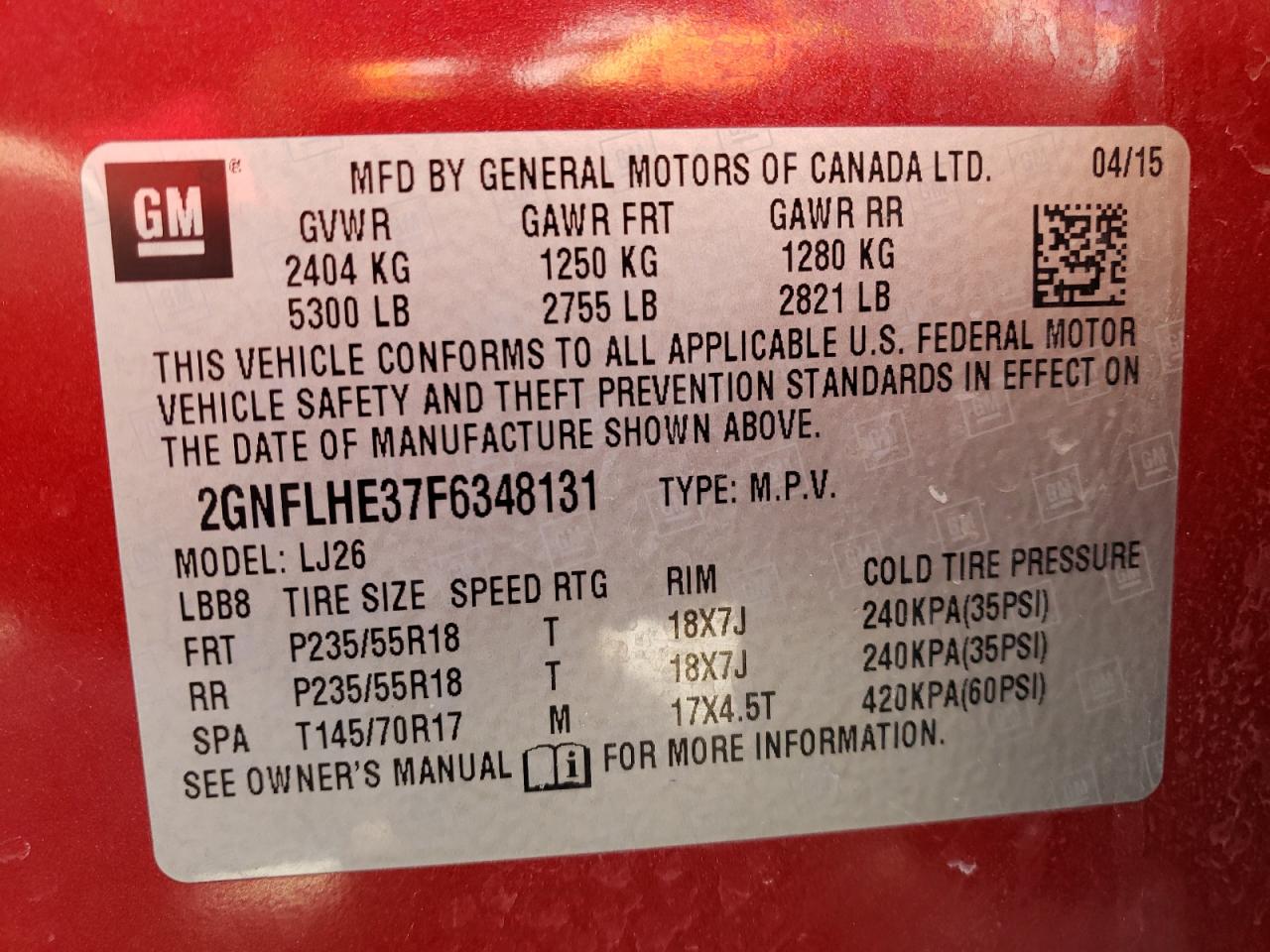 Photo 10 from auction – 2015 CHEVROLET EQUINOX LT with VIN 2GNFLHE37F6348131