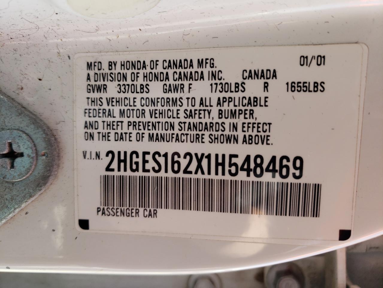 Photo 10 from auction – 2001 HONDA CIVIC DX with VIN 2HGES162X1H548469