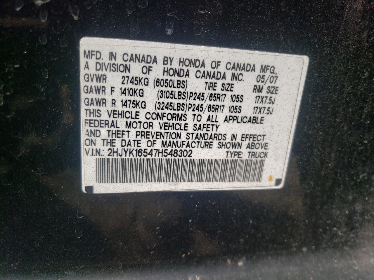 Photo 10 from auction – 2007 HONDA RIDGELINE with VIN 2HJYK16547H548302
