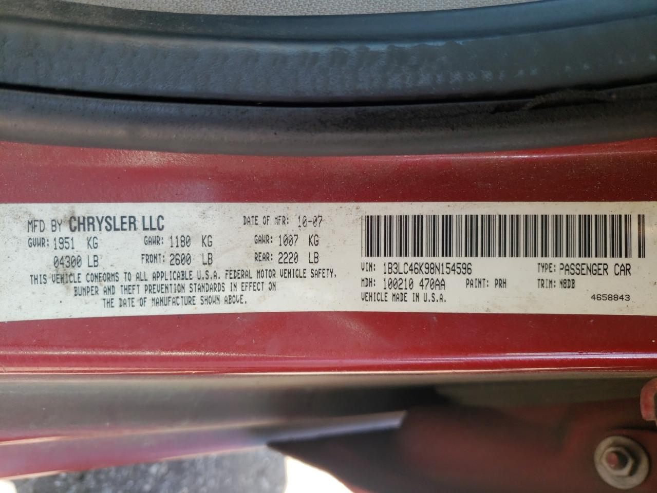 Photo 10 from auction – 2008 DODGE AVENGER SE with VIN 1B3LC46K98N154596