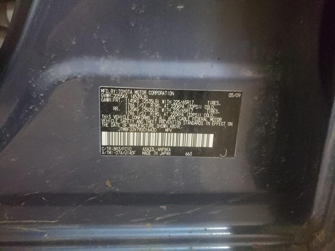 Photo 10 from auction – 2009 TOYOTA RAV4 with VIN JTMBF33V79D016430