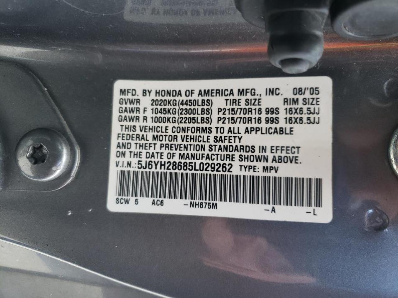 Photo 10 from auction – 2005 HONDA ELEMENT EX with VIN 5J6YH28685L029262