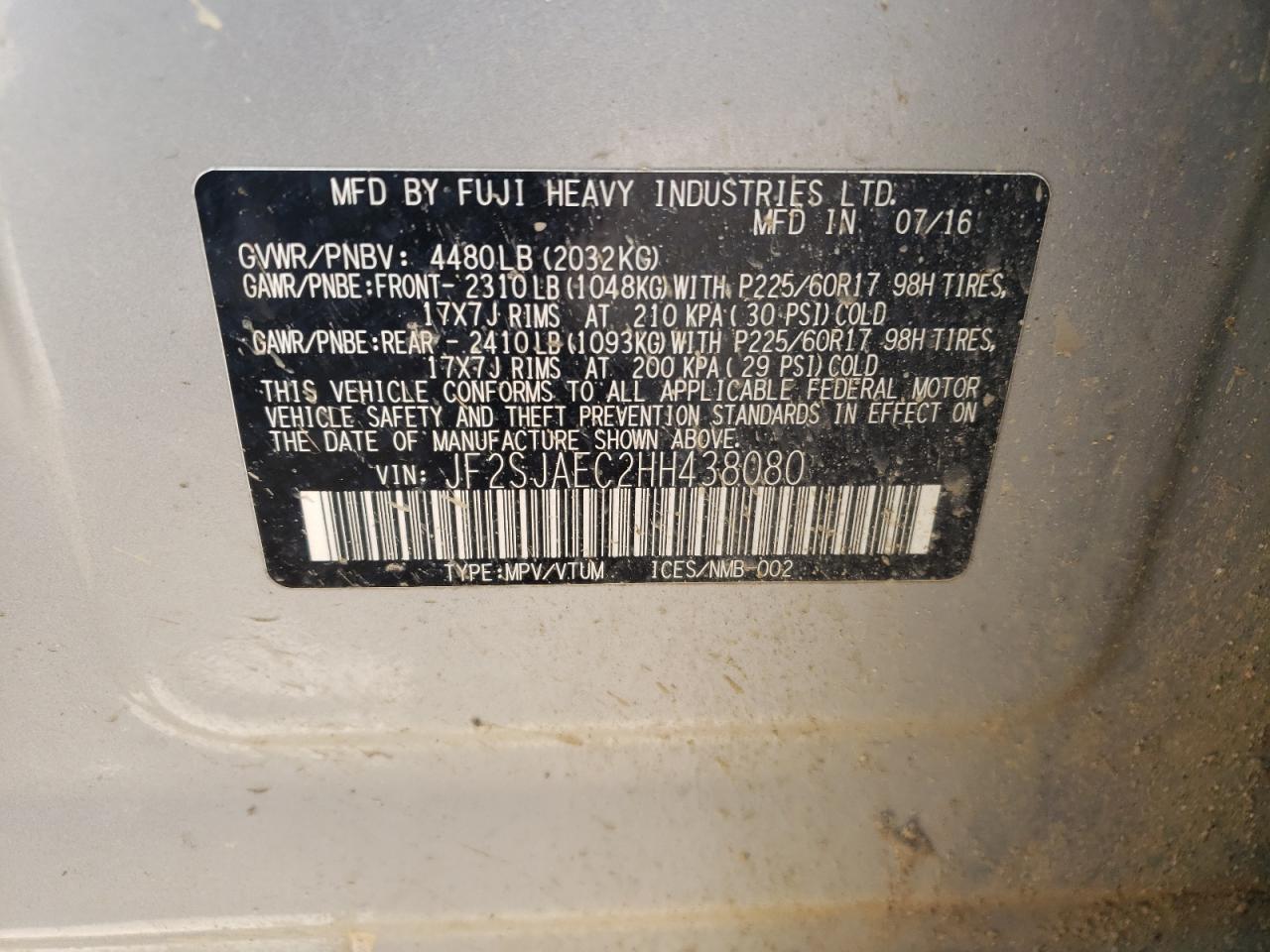 Photo 10 from auction – 2017 SUBARU FORESTER 2 with VIN JF2SJAEC2HH438080