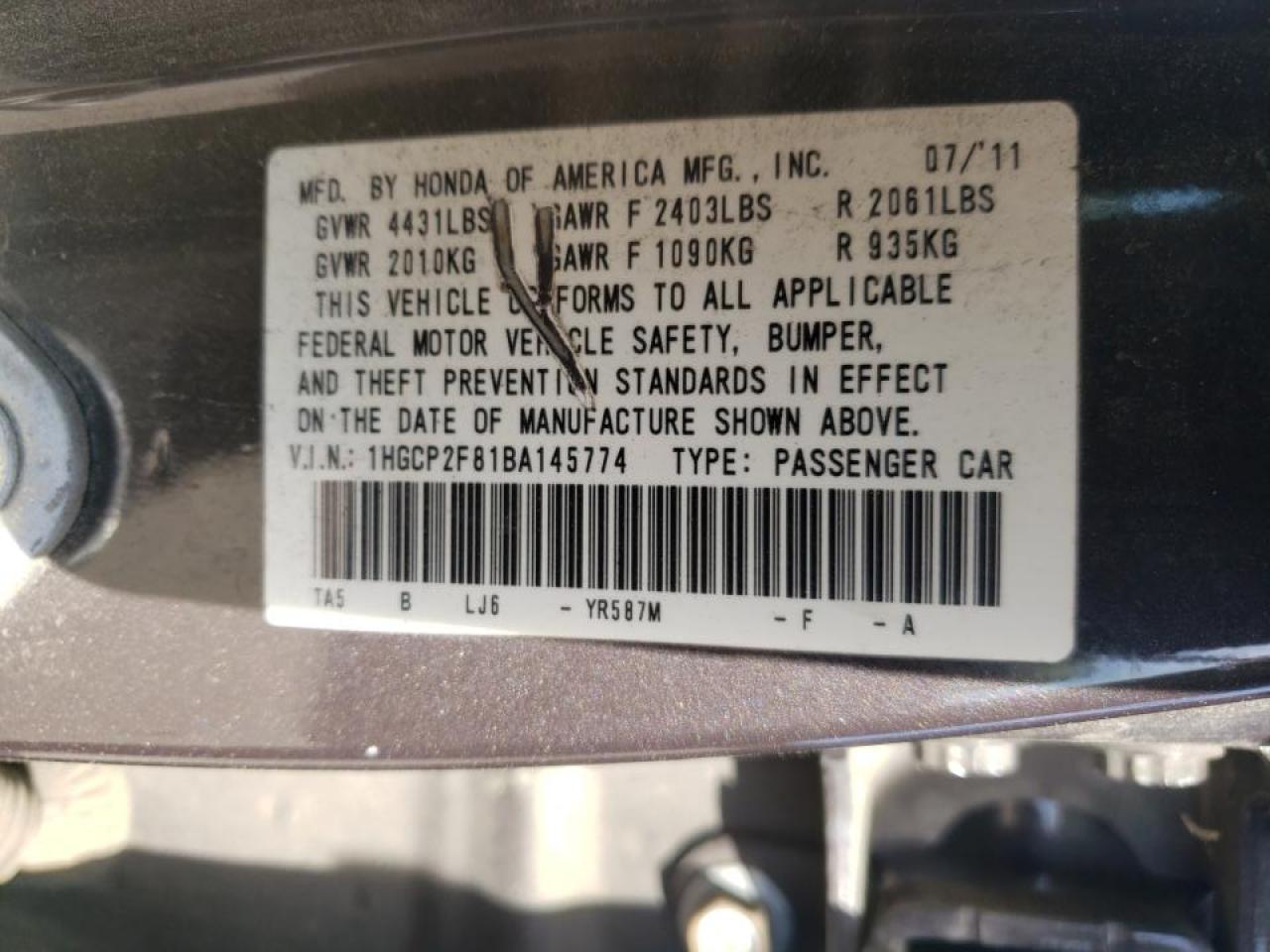 Photo 10 from auction – 2011 HONDA ACCORD EXL with VIN 1HGCP2F81BA145774