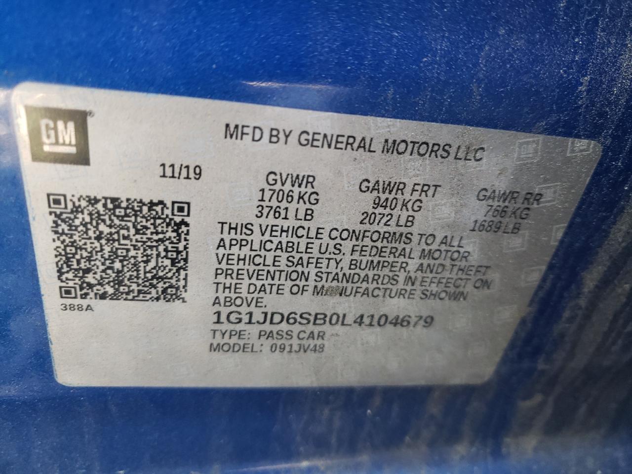 Photo 10 from auction – 2020 CHEVROLET SONIC with VIN 1G1JD6SB0L4104679