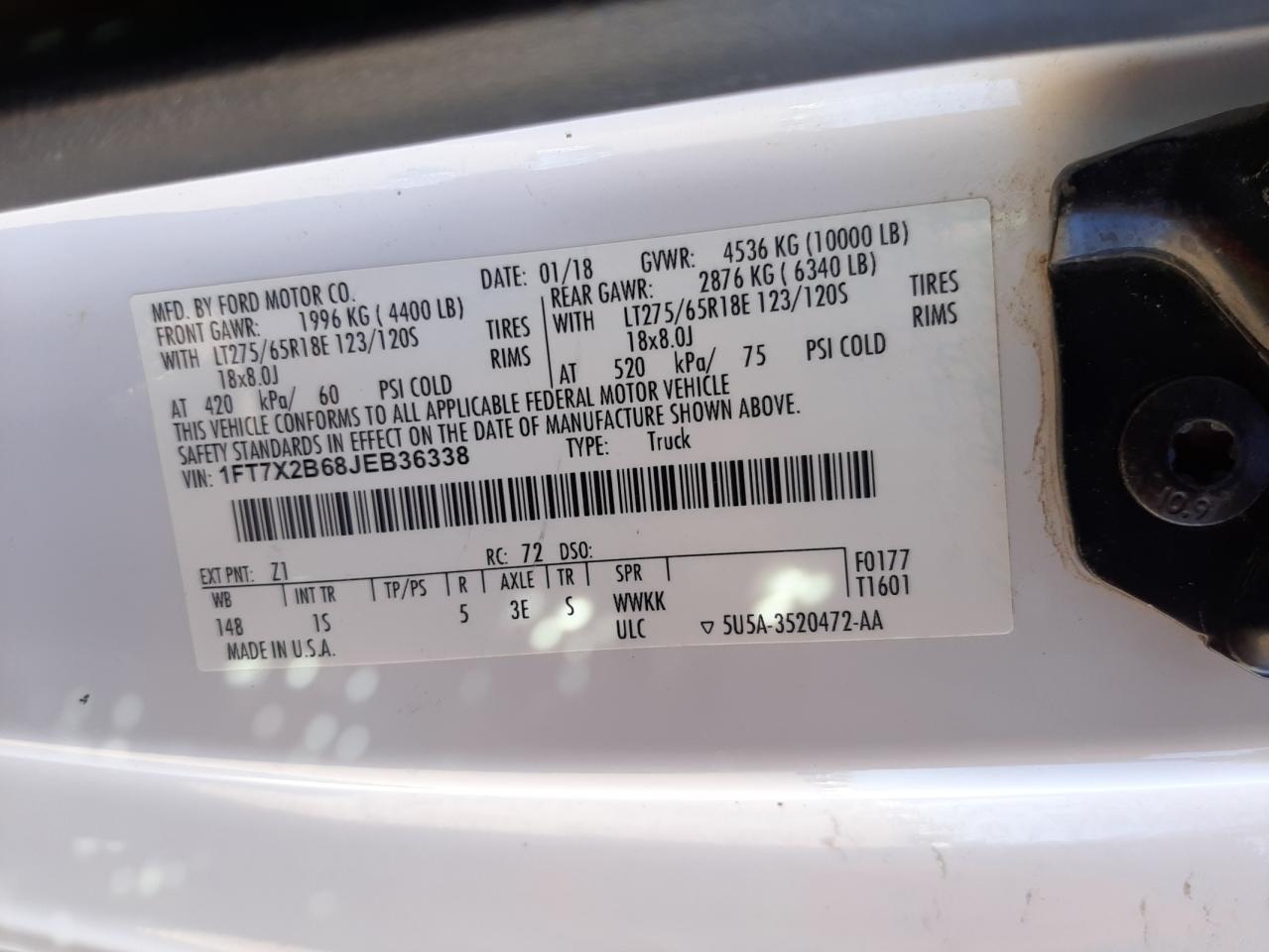 Photo 10 from auction – 2018 FORD F250 SUPER with VIN 1FT7X2B68JEB36338