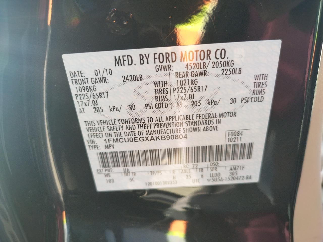 Photo 10 from auction – 2010 FORD ESCAPE LIM with VIN 1FMCU0EGXAKB90804