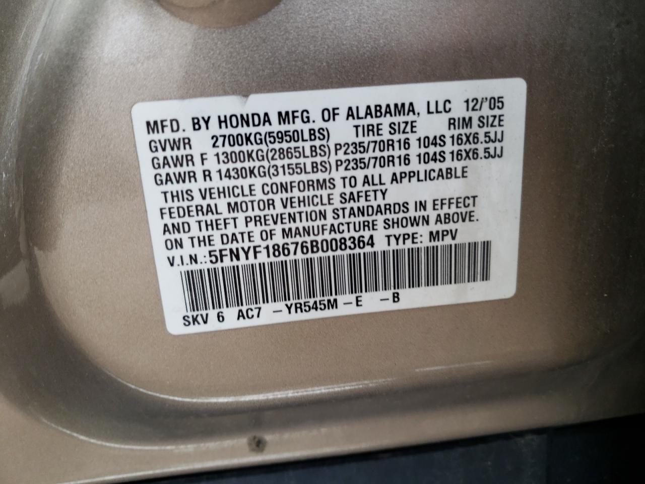 Photo 10 from auction – 2006 HONDA PILOT EX with VIN 5FNYF18676B008364