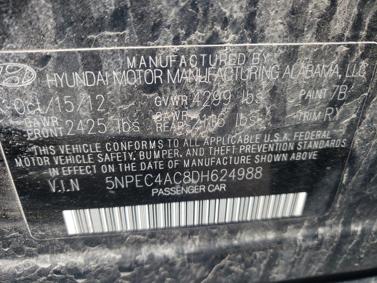 Photo 10 from auction – 2013 HYUNDAI SONATA SE with VIN 5NPEC4AC8DH624988