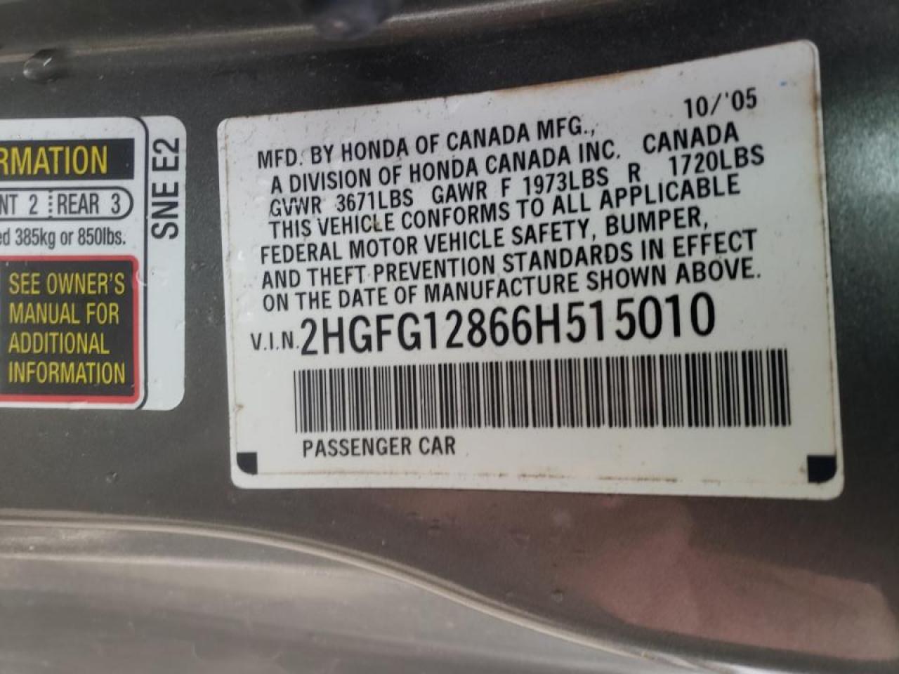 Photo 10 from auction – 2006 HONDA CIVIC EX with VIN 2HGFG12866H515010