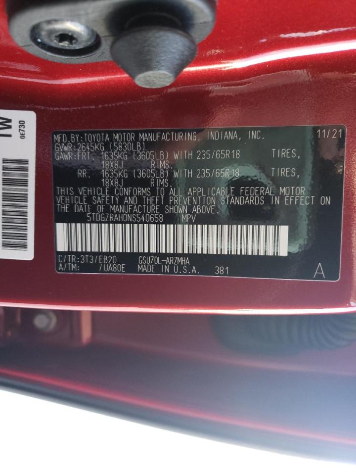 Photo 10 from auction – 2022 TOYOTA HIGHLANDER with VIN 5TDGZRAH0NS540658
