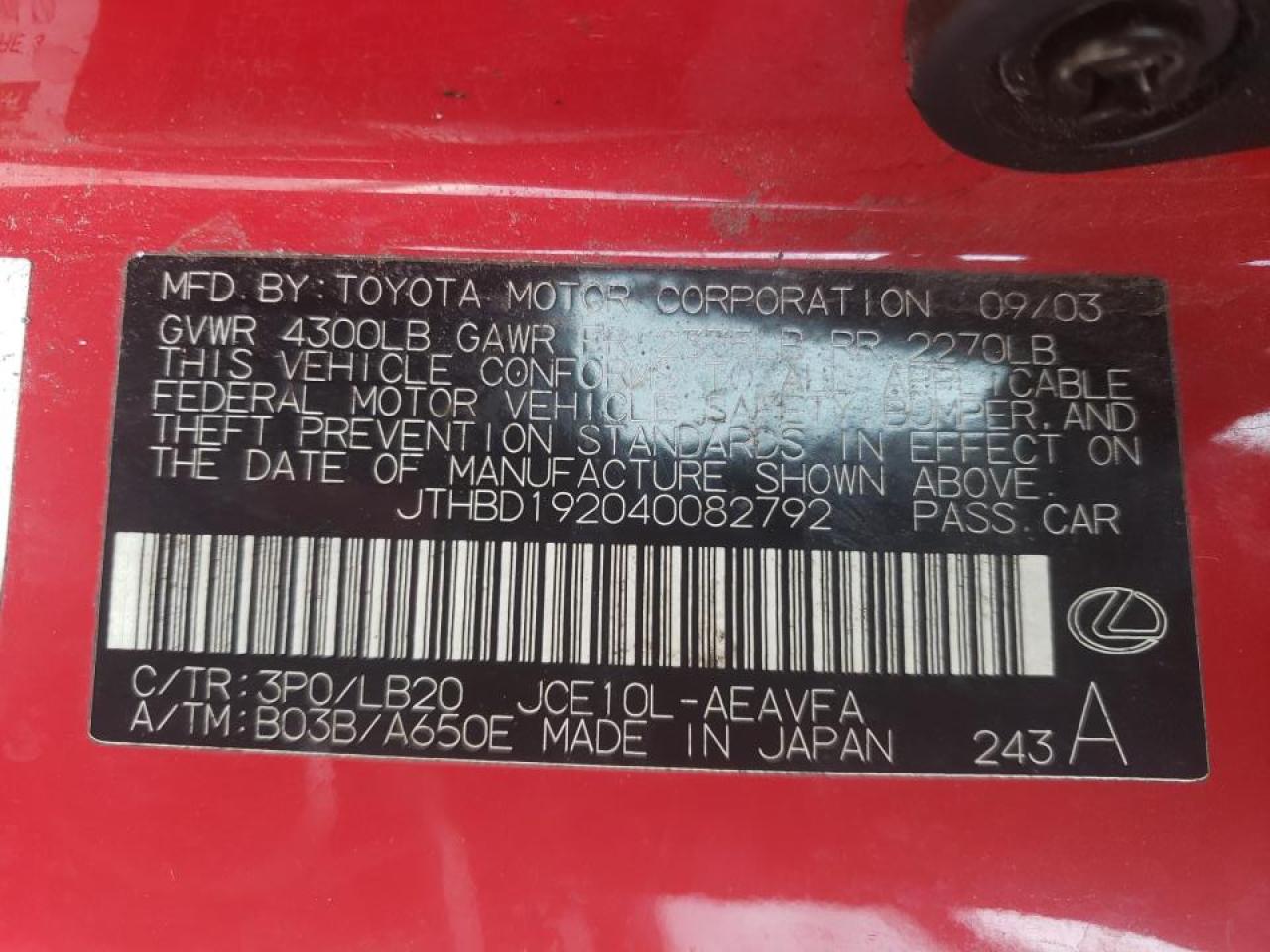 Photo 10 from auction – 2004 LEXUS IS 300 with VIN JTHBD192040082792