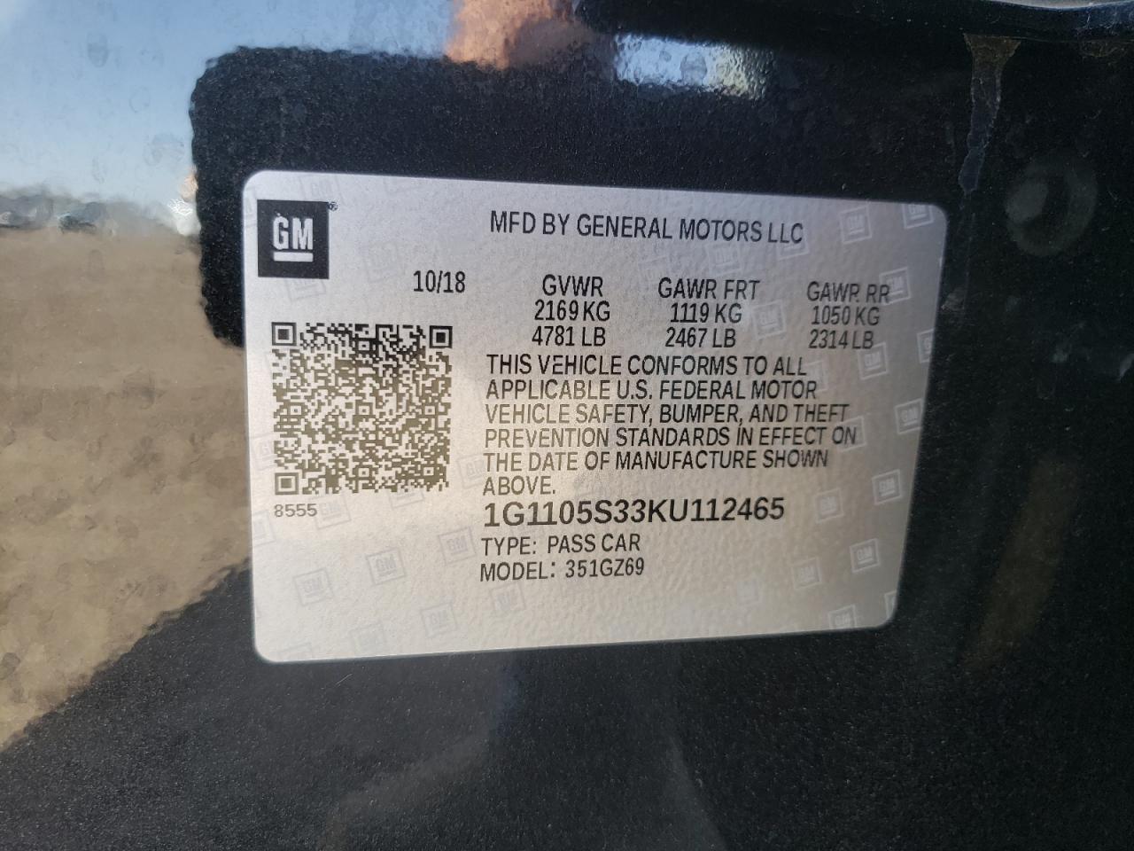 Photo 10 from auction – 2019 CHEVROLET IMPALA PRE with VIN 1G1105S33KU112465