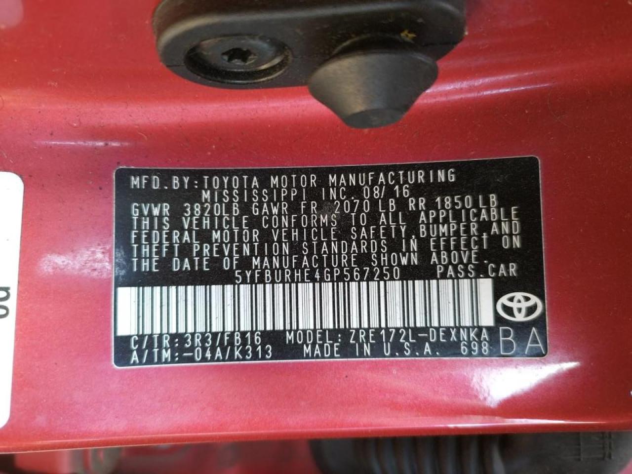 Photo 10 from auction – 2016 TOYOTA COROLLA L with VIN 5YFBURHE4GP567250
