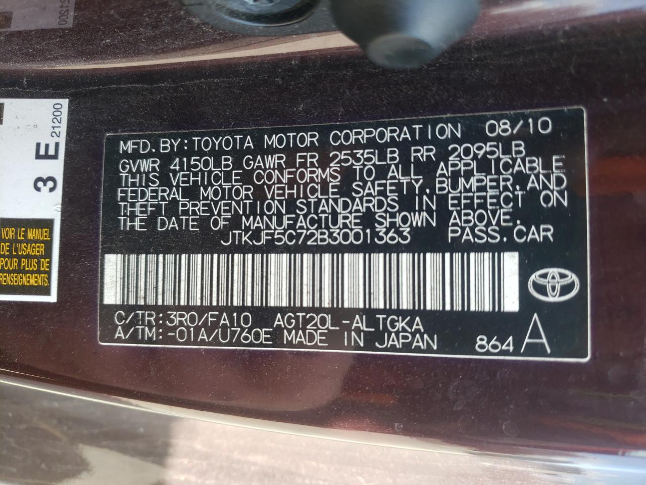 Photo 10 from auction – 2011 TOYOTA SCION TC with VIN JTKJF5C72B3001363