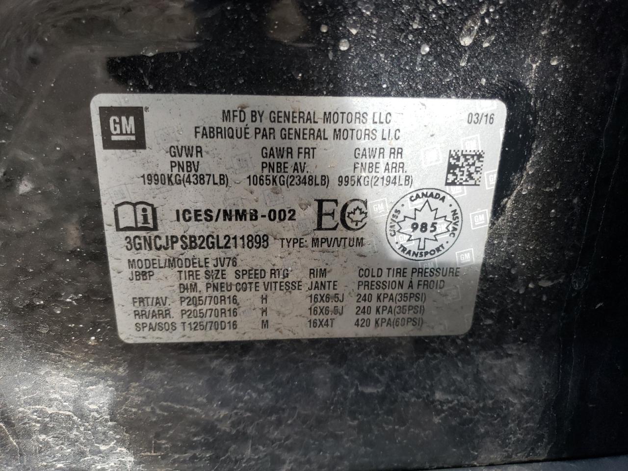 Photo 10 from auction – 2016 CHEVROLET TRAX 1LT with VIN 3GNCJPSB2GL211898