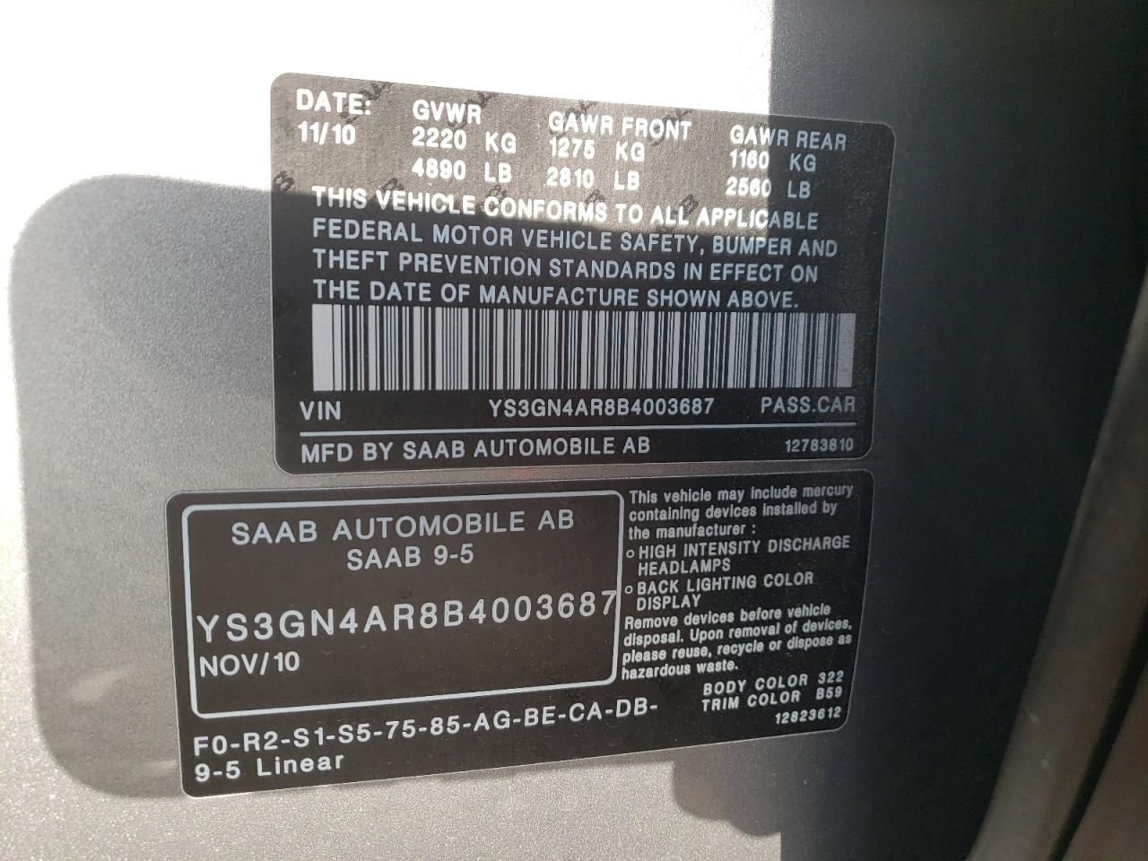 Photo 10 from auction – 2011 SAAB 9-5 TURBO with VIN YS3GN4AR8B4003687