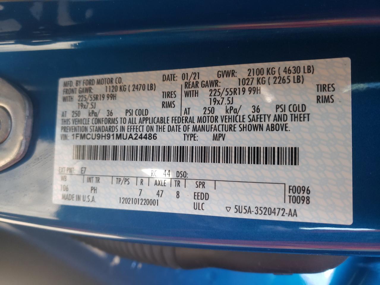 Photo 10 from auction – 2021 FORD ESCAPE SEL with VIN 1FMCU9H91MUA24486