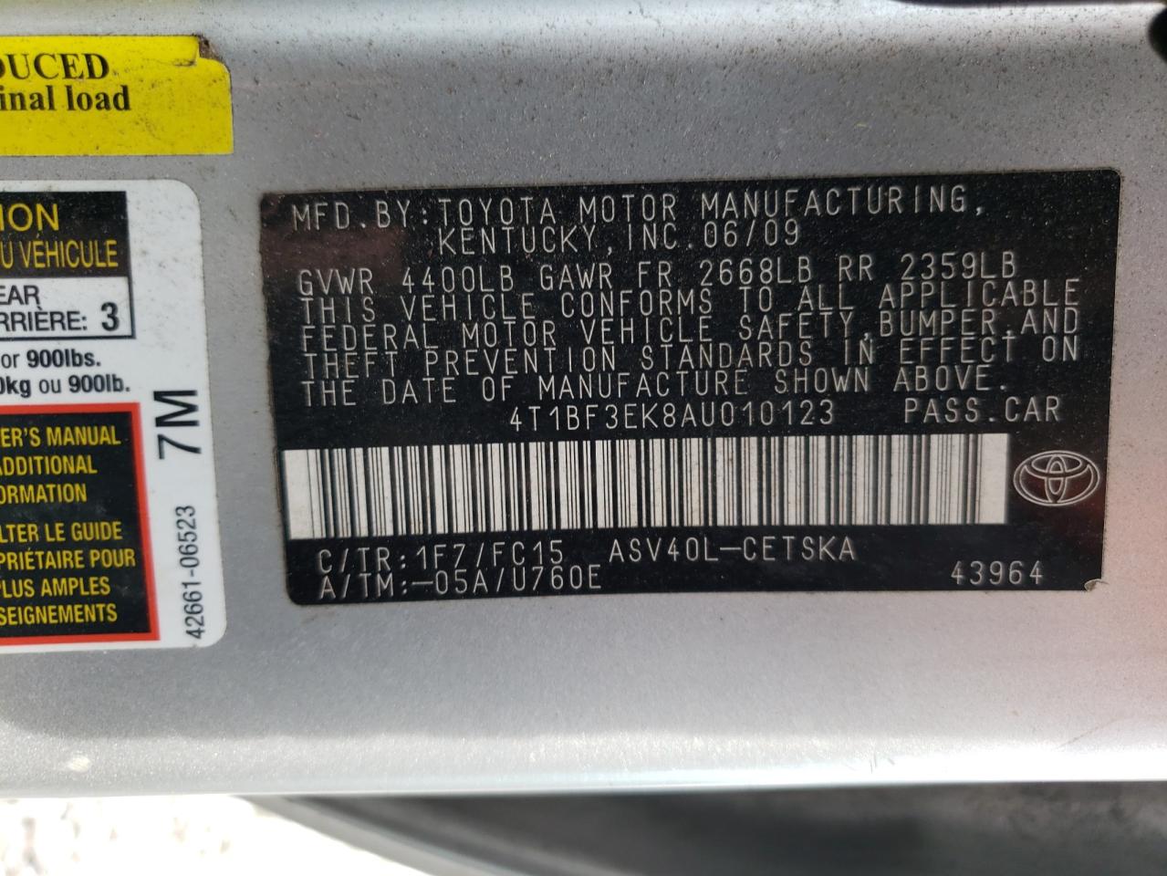 Photo 10 from auction – 2010 TOYOTA CAMRY BASE with VIN 4T1BF3EK8AU010123