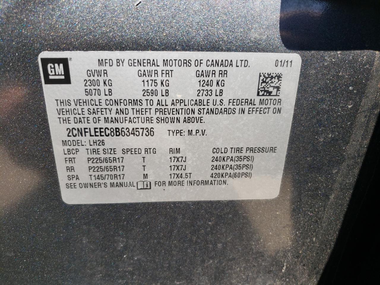 Photo 10 from auction – 2011 CHEVROLET EQUINOX LT with VIN 2CNFLEEC8B6345736