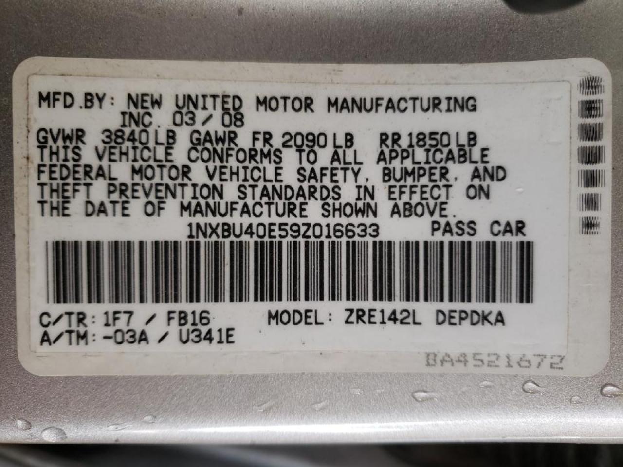 Photo 10 from auction – 2009 TOYOTA COROLLA with VIN 1NXBU40E59Z016633